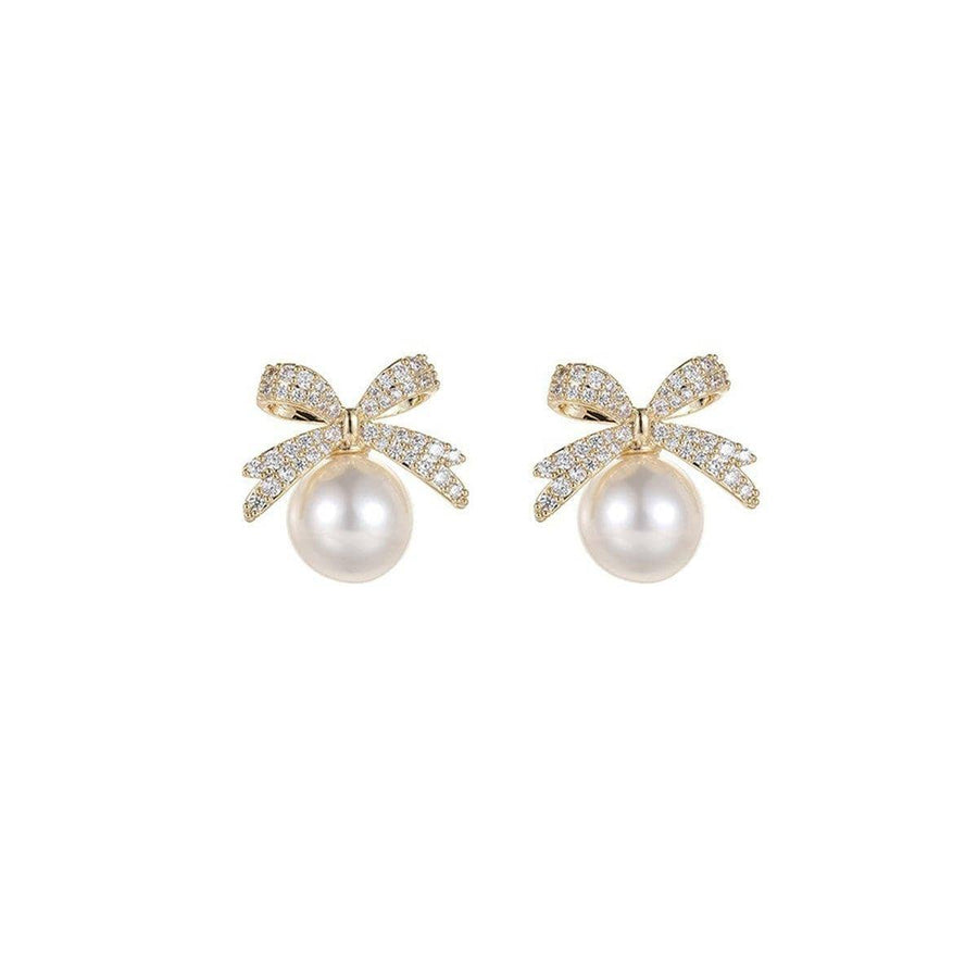Ribbon Bow Earrings with Imitation Pearl - White