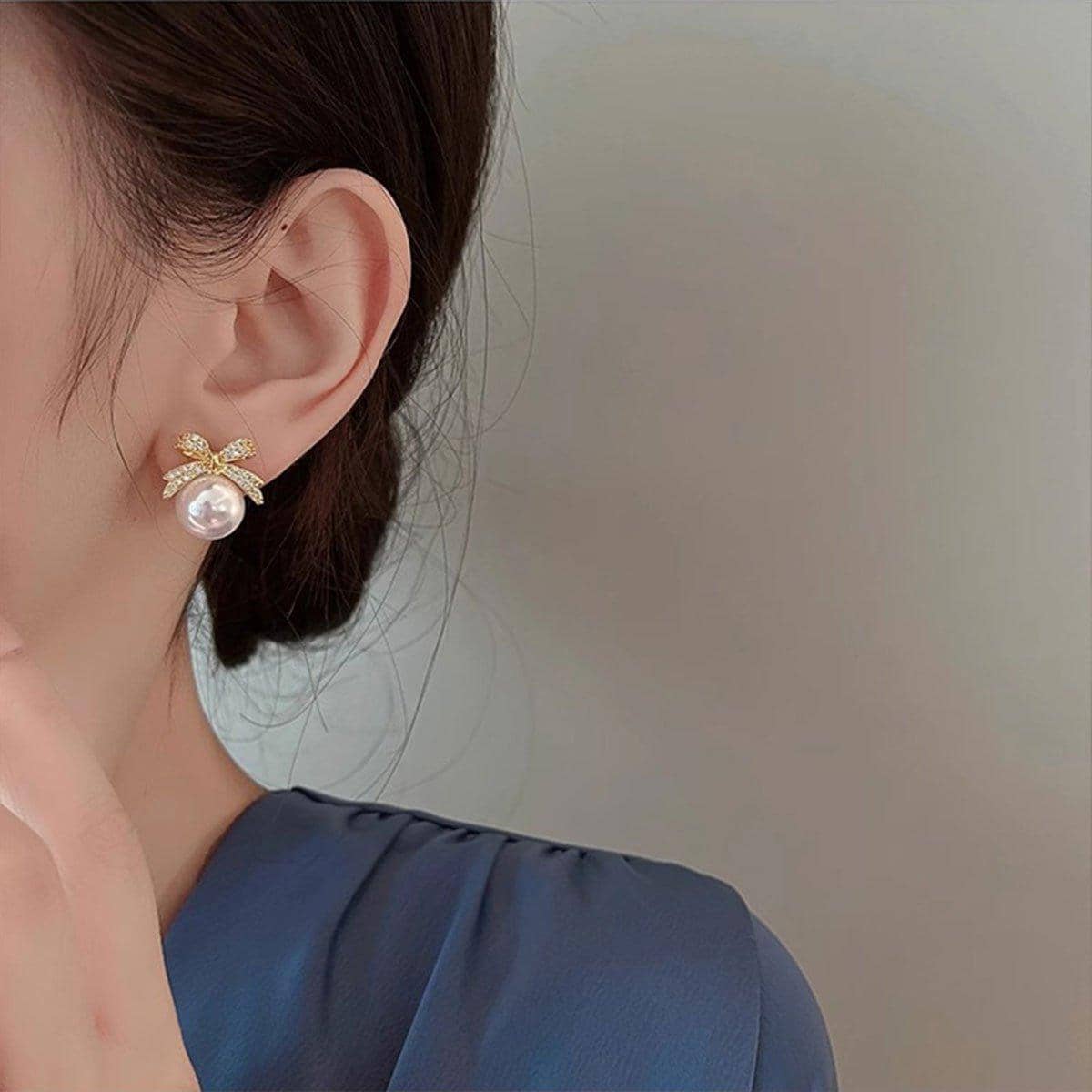 Ribbon Bow Earrings with Imitation Pearl - White - view 5