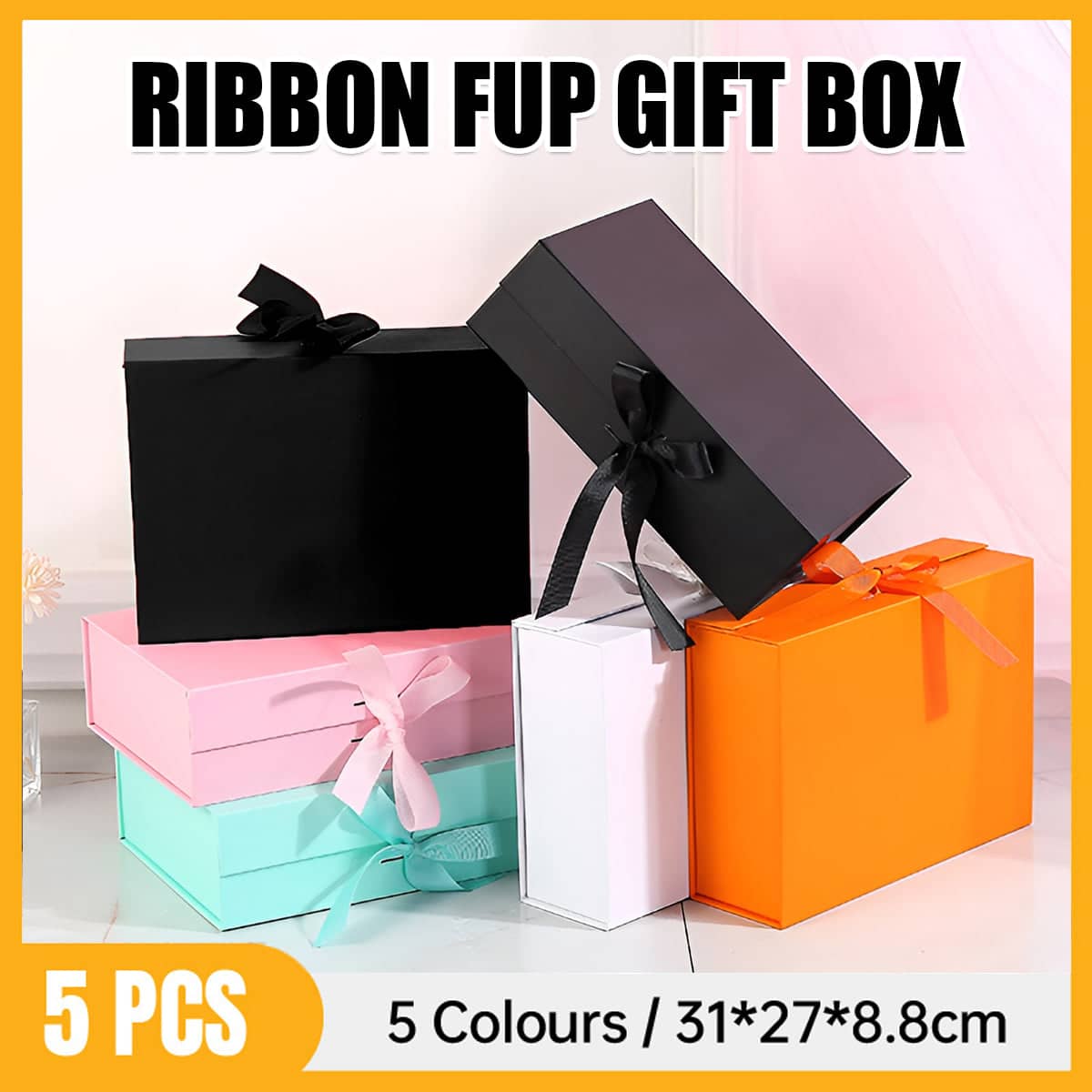 Ribbon Gift Boxes, Cardboard, 31 x 27 x 8.8 cm, Pack of 5 - Pink - view 2