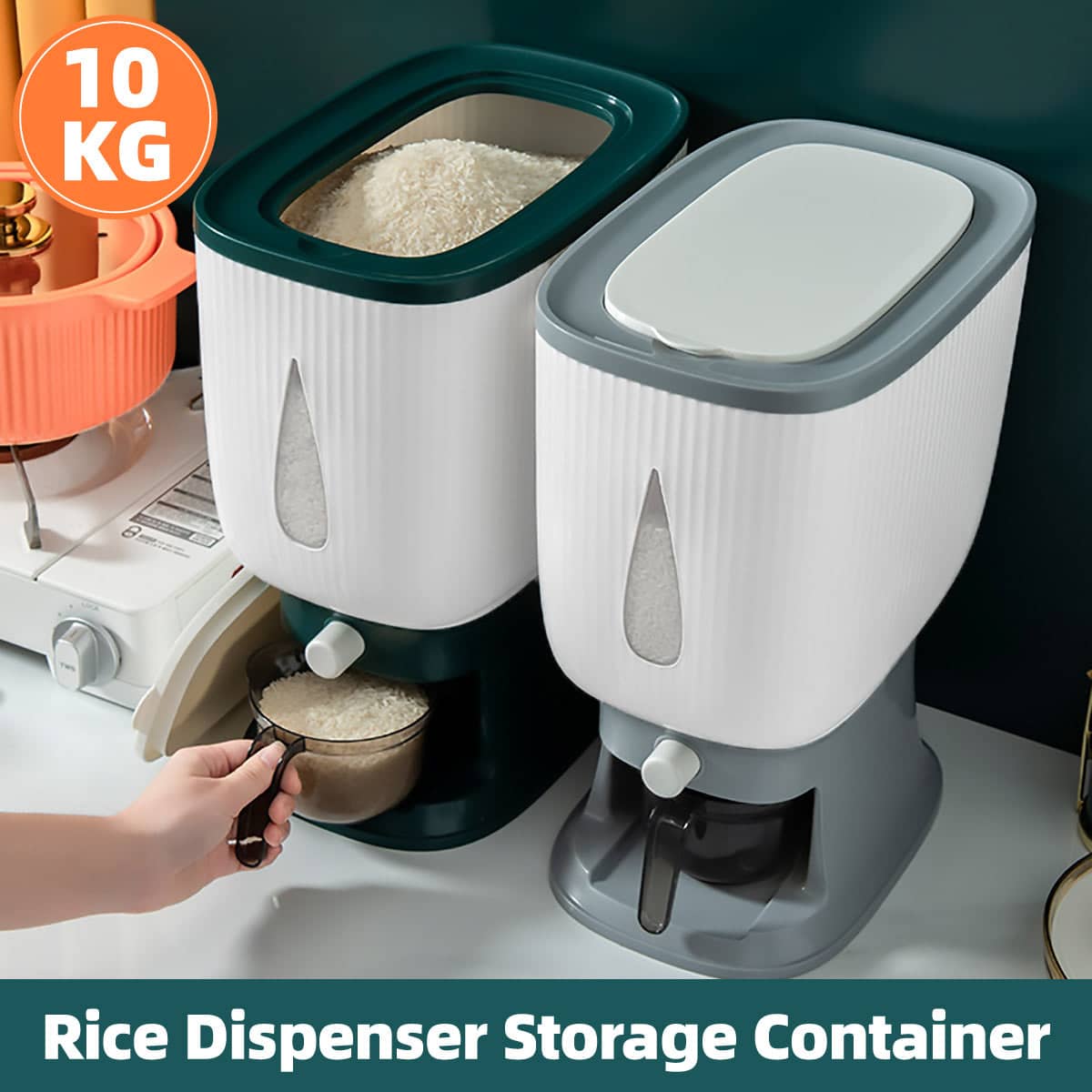 Rice Storage Container 10kg with Measuring Cup - Grey and White - view 2