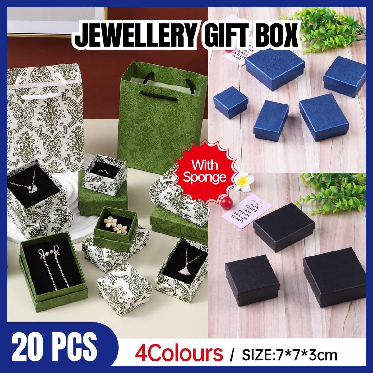 Ring and Earring Gift Boxes Pack of 20 with Sponge Lining 7cm Square - Green - view 2