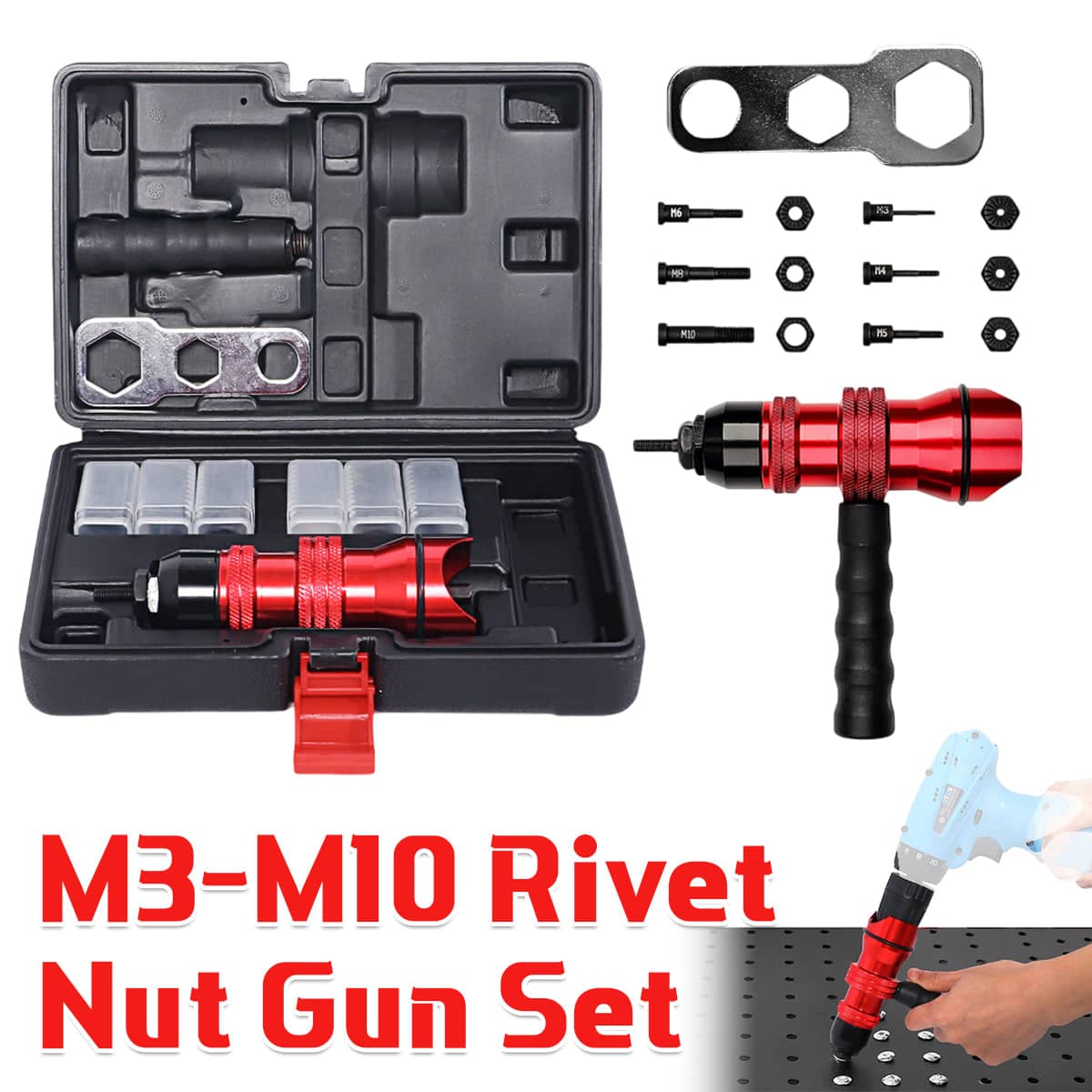 Rivet Nut Gun Set 10 Piece M3 to M10 Threaded Insert Tool Kit for Metal Sheet