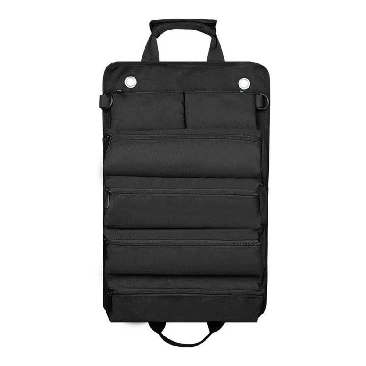 Roll-Up Car Tool Bag with Zip Pockets, Durable Oxford Fabric - Black