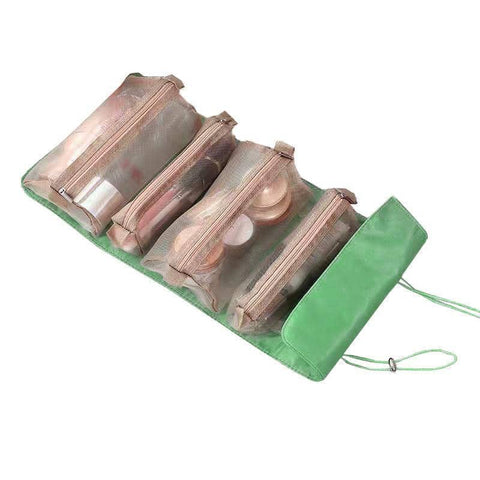 Roll-Up Travel Cosmetic Bag with 4 Detachable Pouches - Green