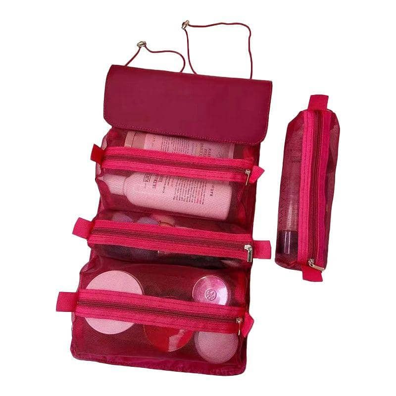 Roll-Up Travel Cosmetic Bag with 4 Detachable Pouches - Wine Red