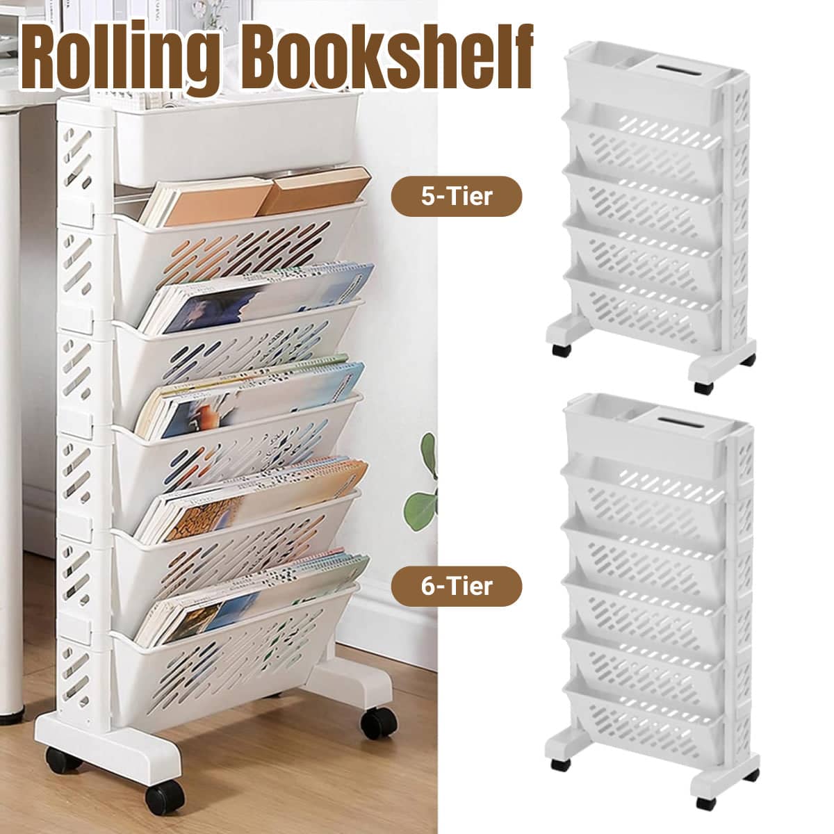 Rolling Bookshelf - 5 Tiers, 39 x 19 x 64.5 cm - view 2