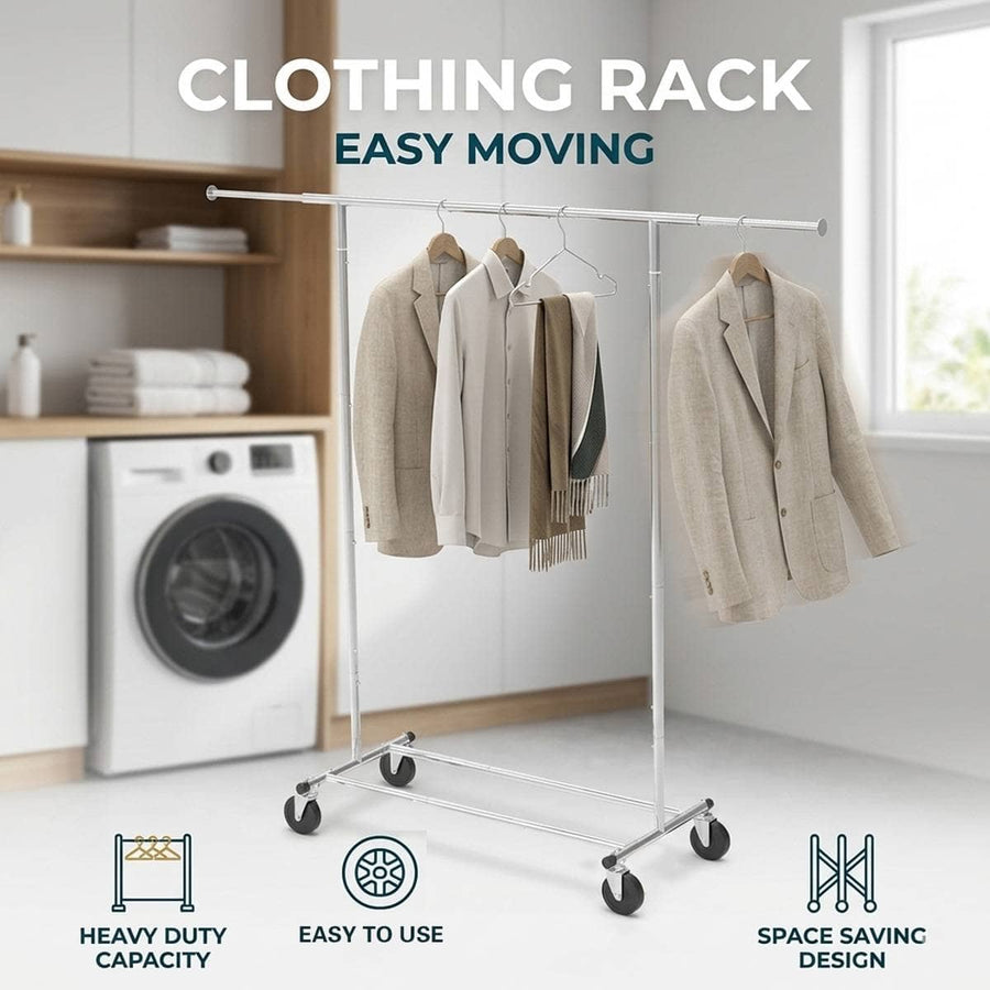 Rolling Chrome Clothes Drying Rack with Extending Top Rail and Casters
