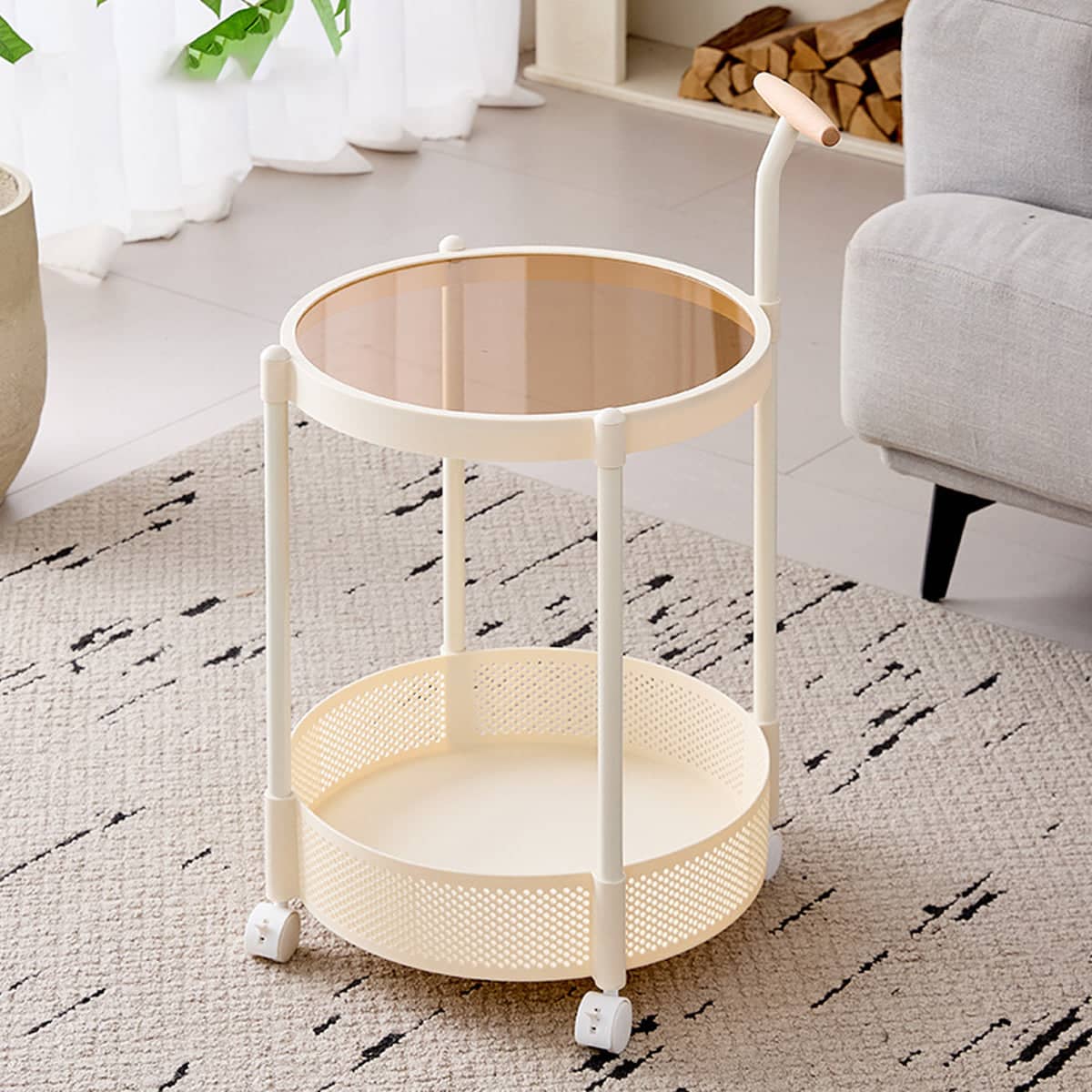 Rolling Side Table with Two Tiers and Brown Tempered Glass - view 4