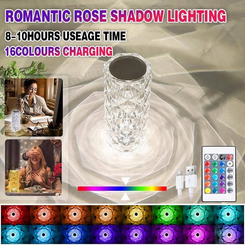 Rose Crystal Table Lamp, 16 Colour LED Night Light with Remote