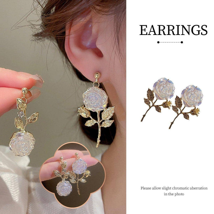 Rose Retro Drop Earrings for Women, Vintage White and Gold Roses