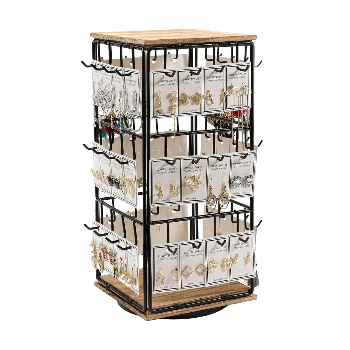Rotating Earring Display Stand, Wood and Iron, 48 Pairs - Light Brown