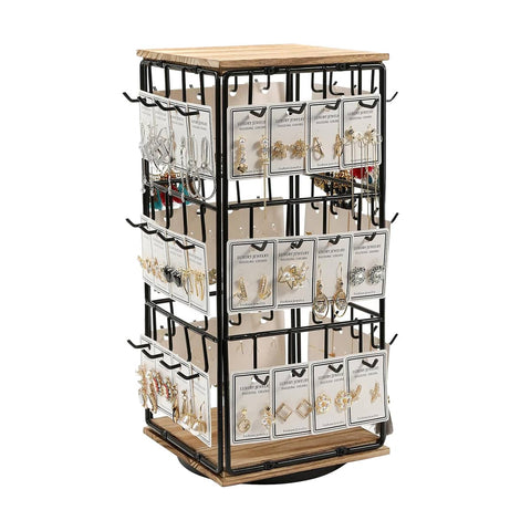 Rotating Earring Display Stand, Wood and Iron, 48 Pairs - Light Brown