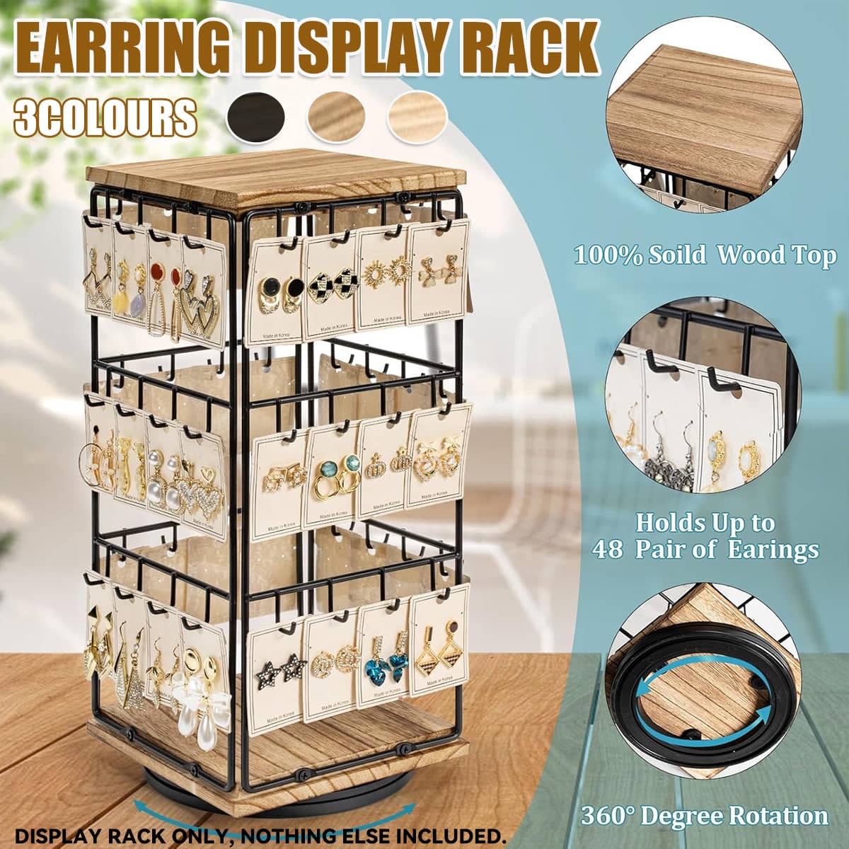 Rotating Earring Display Stand, Wood and Iron, 48 Pairs - Light Brown - view 2