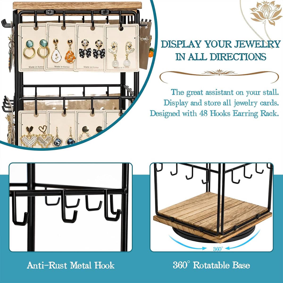 Rotating Earring Display Stand, Wood and Iron, 48 Pairs - Light Brown - view 5