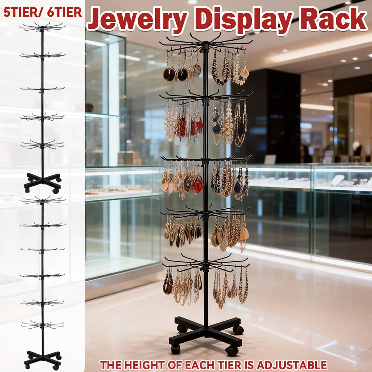 Rotating Jewellery Display Stand with Wheels, Metal Rack - 6 Tier, Black - view 2