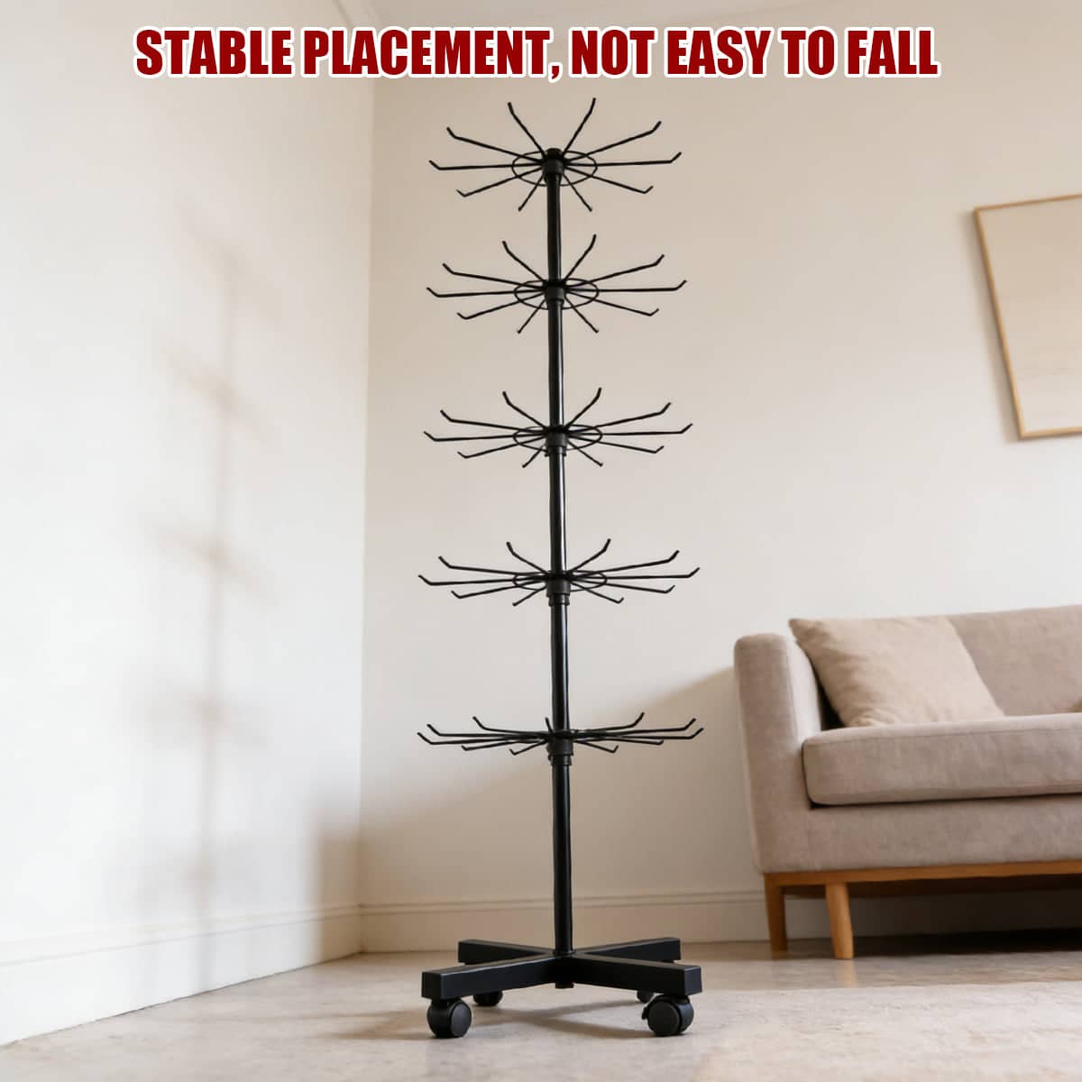 Rotating Jewellery Display Stand with Wheels, Metal Rack - 6 Tier, Black - view 5