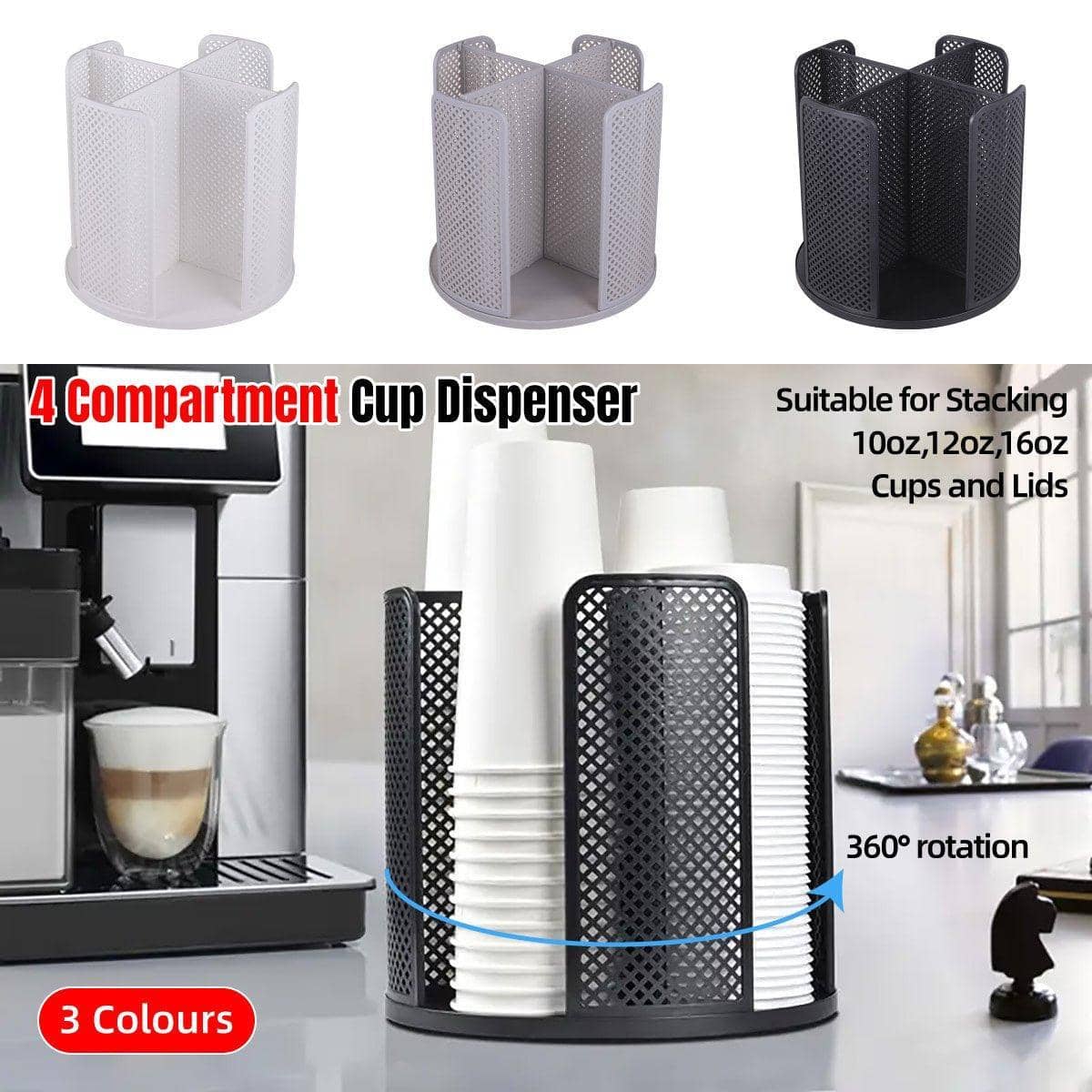 Rotating Paper Cup Holder Organiser with 4 Compartments - White - view 2
