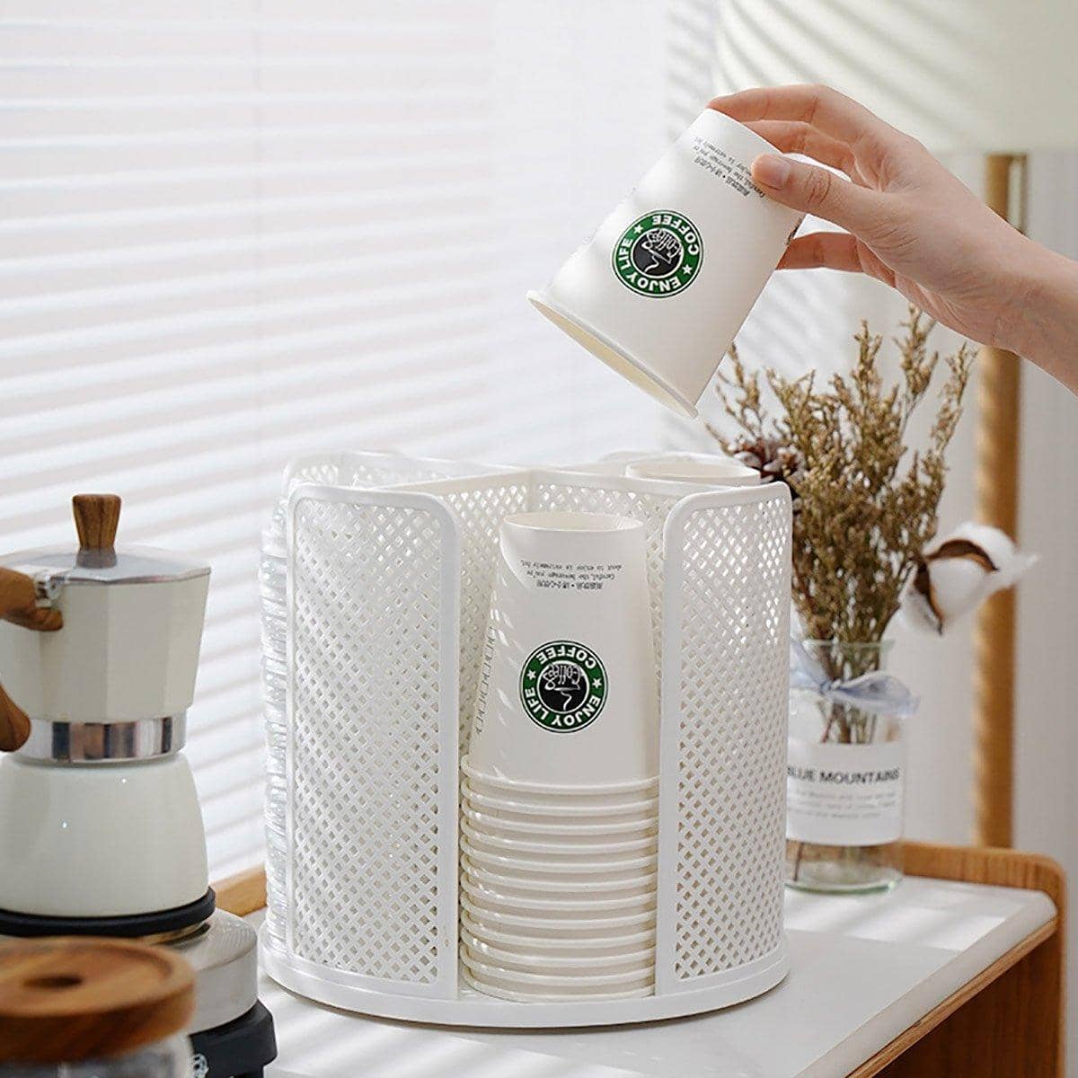 Rotating Paper Cup Holder Organiser with 4 Compartments - White - view 5