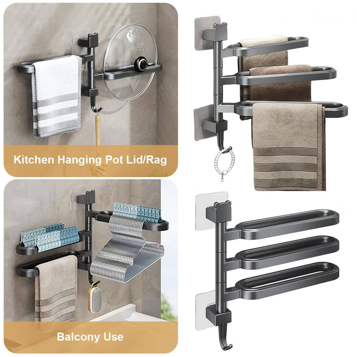 Rotating Towel Rack with 3 Swivel Bars - Grey - view 5