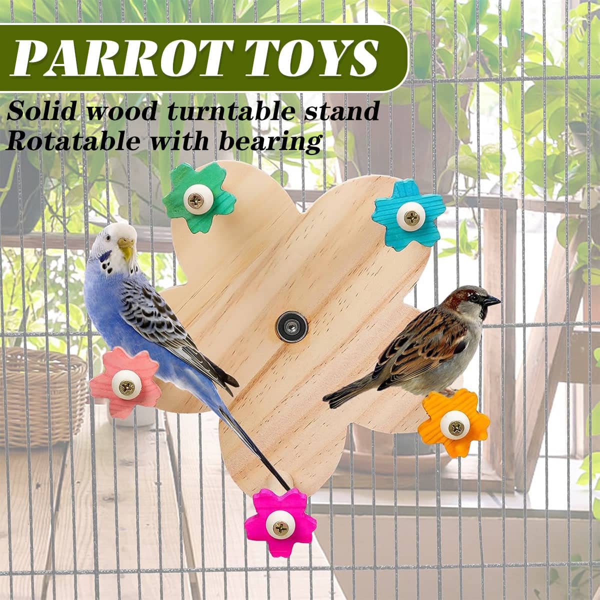 Rotating Wooden Bird Toy for Parrots Turntable Cage Play Stand, Multicolour