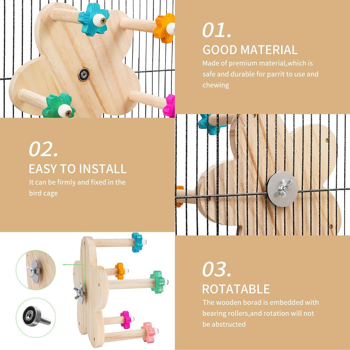 Rotating Wooden Bird Toy for Parrots Turntable Cage Play Stand, Multicolour - view 5