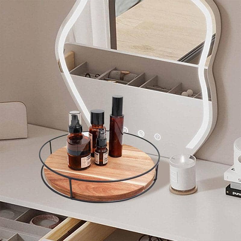 Rotating Wooden Desktop Storage Tray 360 Degree Spice Organiser with Steel Edge - view 5