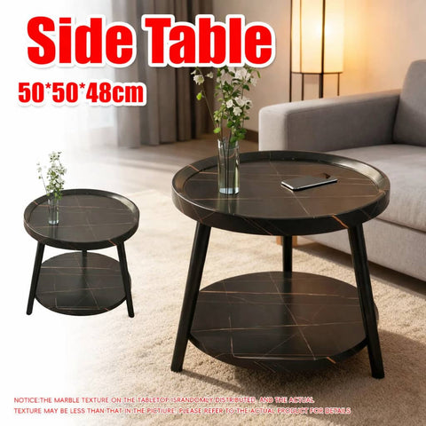 Round 2 Tier Side Table with Black Marble Look Top and Steel Legs, 50 cm
