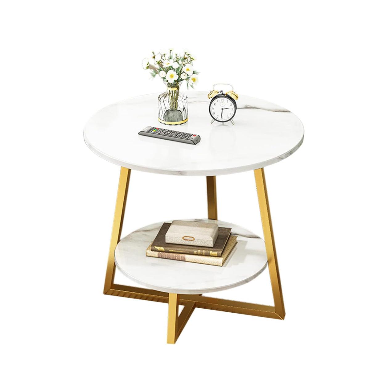 Round 2 Tier Side Table - White Marble Look Top, Gold Metal Frame - view 2