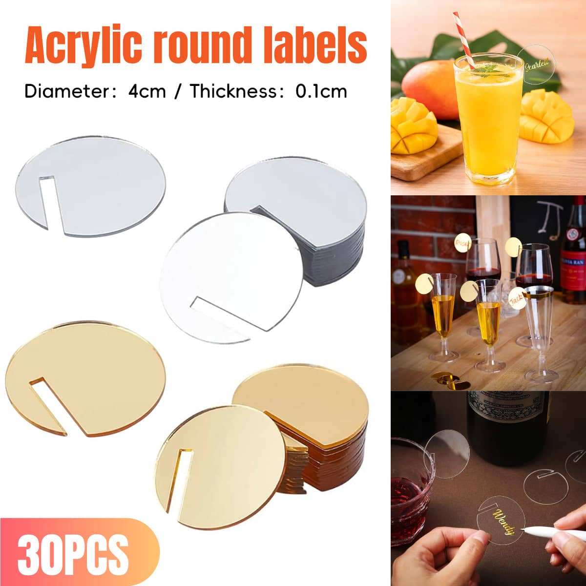 Round Acrylic Drink Markers for Wine Glasses, 30 Pack - Clear - view 2