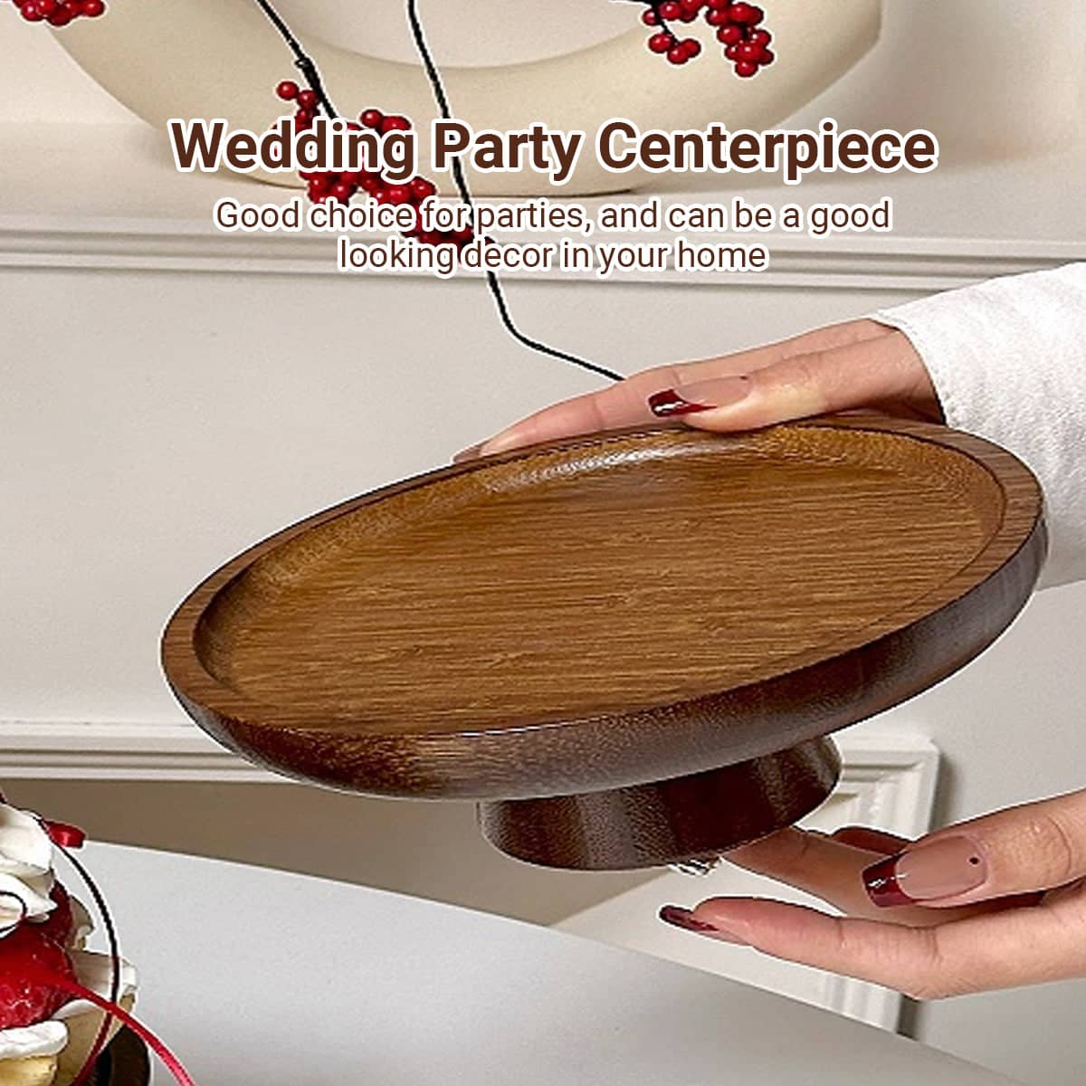 Round Bamboo High Foot Serving Tray in Walnut for Dim Sum, Desserts and Fruit - view 5