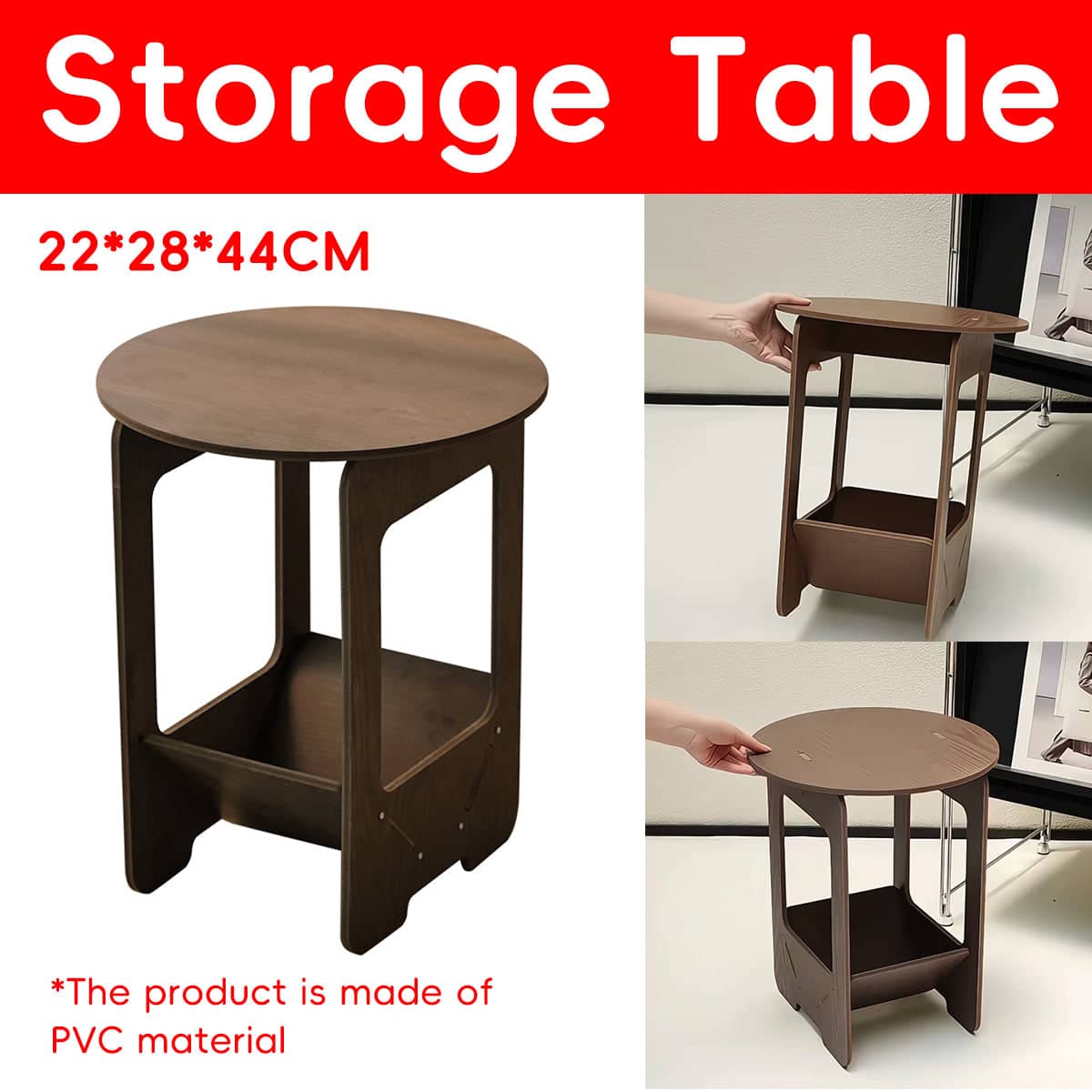Round Bedside Table with Two-Tier Storage in Brown