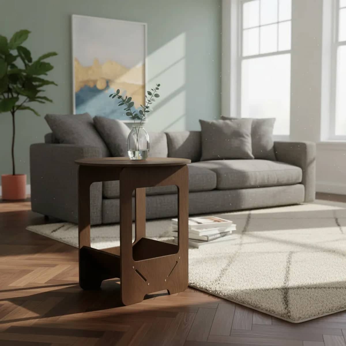 Round Bedside Table with Two-Tier Storage in Brown - view 4