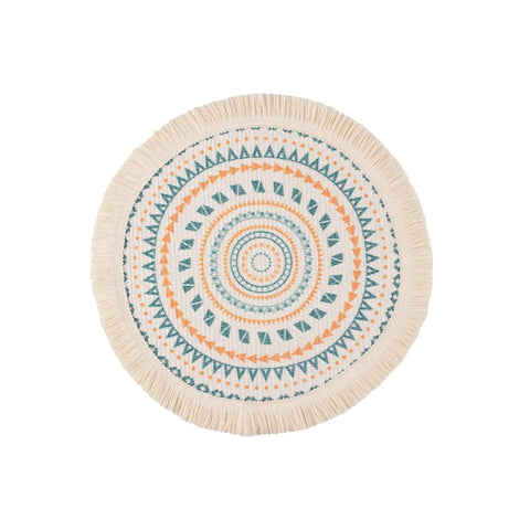 Round Bohemian Placemat with Tassel Trim - Teal and Orange Mandala