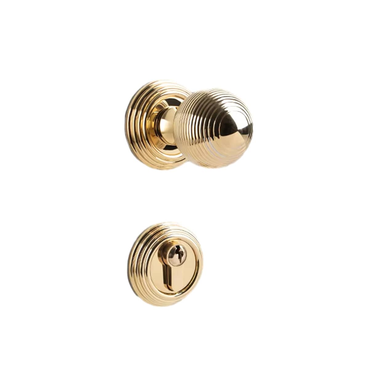Round Brass Door Handle Lock Set Privacy Knob for Bedroom Interior Doors - Gold
