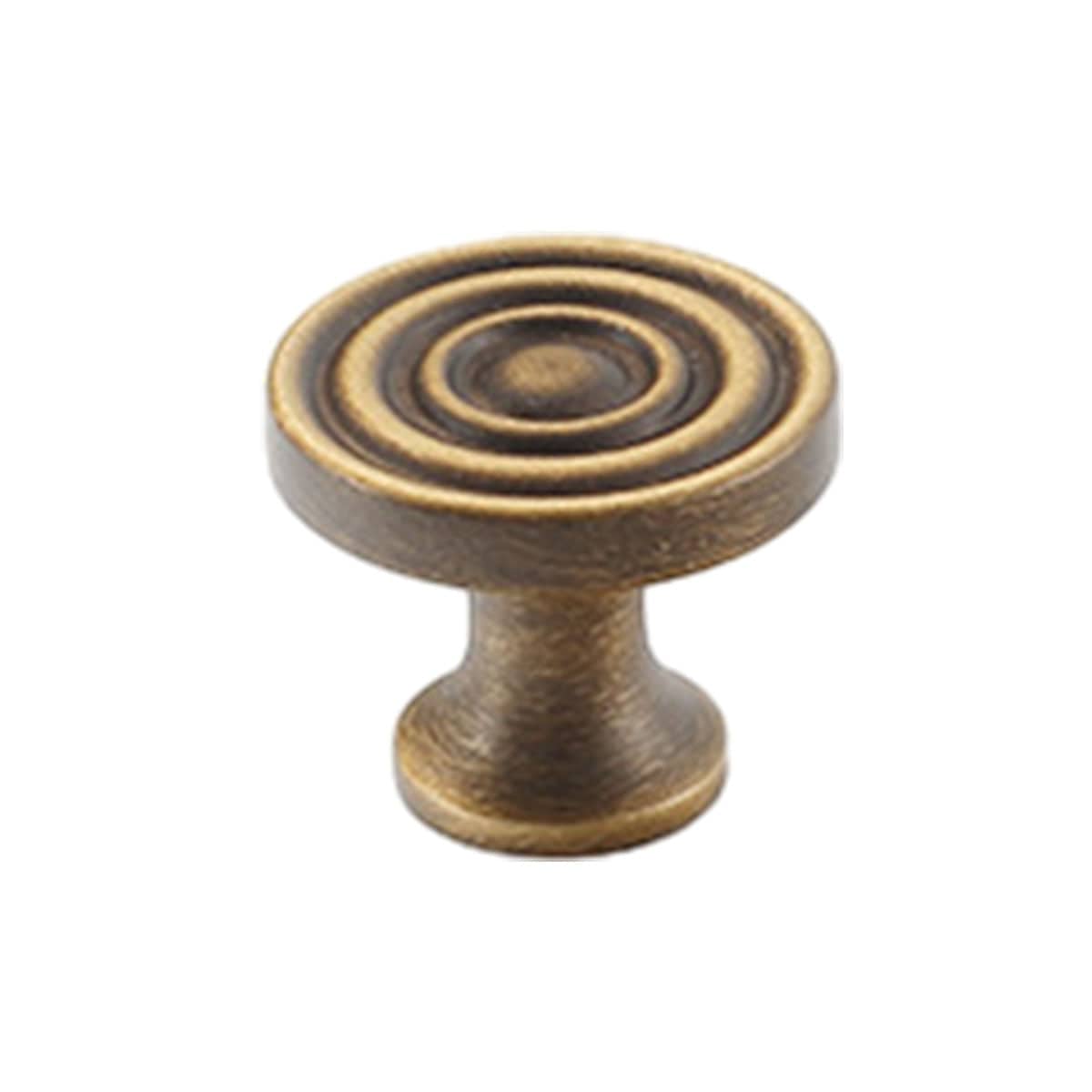 Round Cabinet Knob, Antique Brass Finish - Ringed Flat Top, Diameter 17 mm