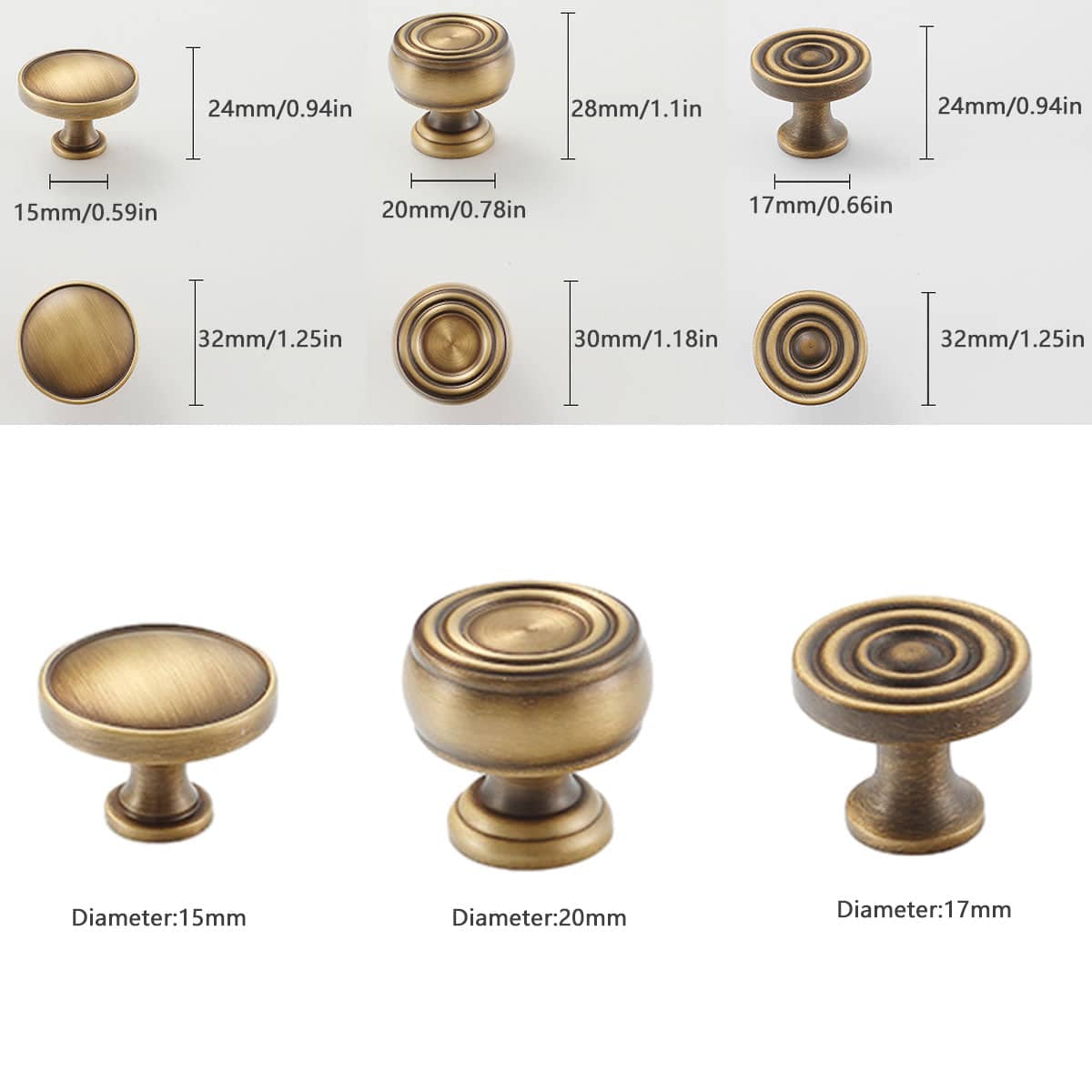 Round Cabinet Knob, Antique Brass Finish - Ringed Flat Top, Diameter 17 mm - view 4