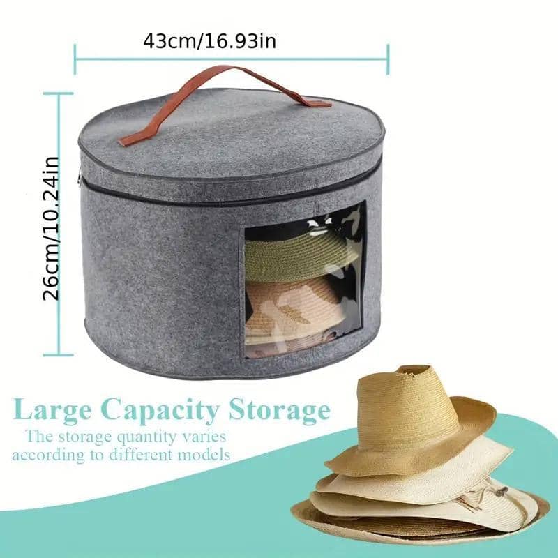Round Felt Storage Bin with Zip Lid and Window, Grey Hat Box with Handles - view 3