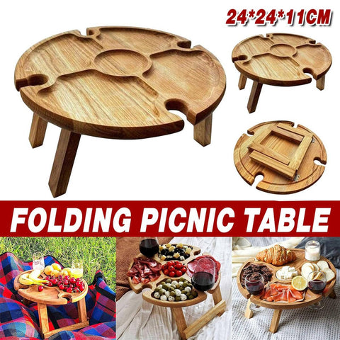 Round Foldable Wooden Picnic Table with Snack Sections and Wine Rack
