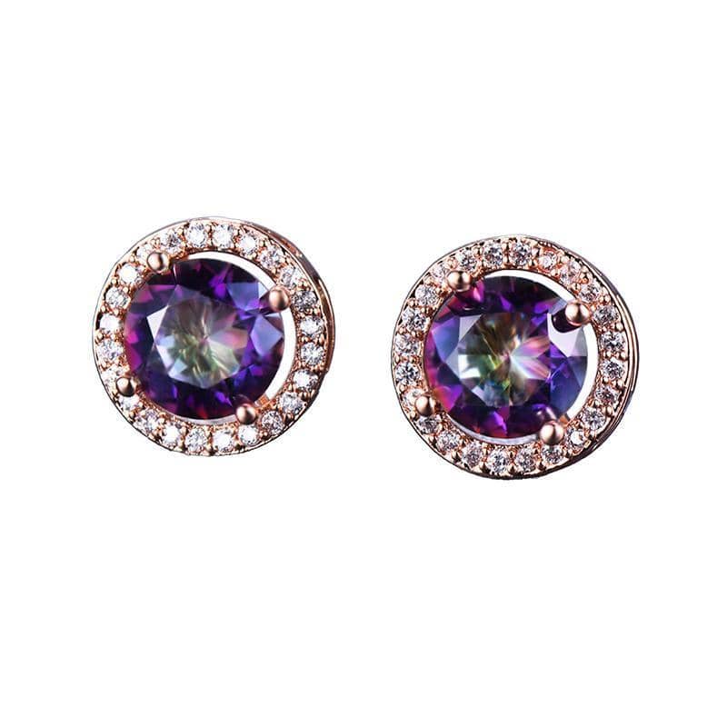 Round Halo Stud Earrings, Rose Gold Plated - Multicolour Rainbow Centre Stone