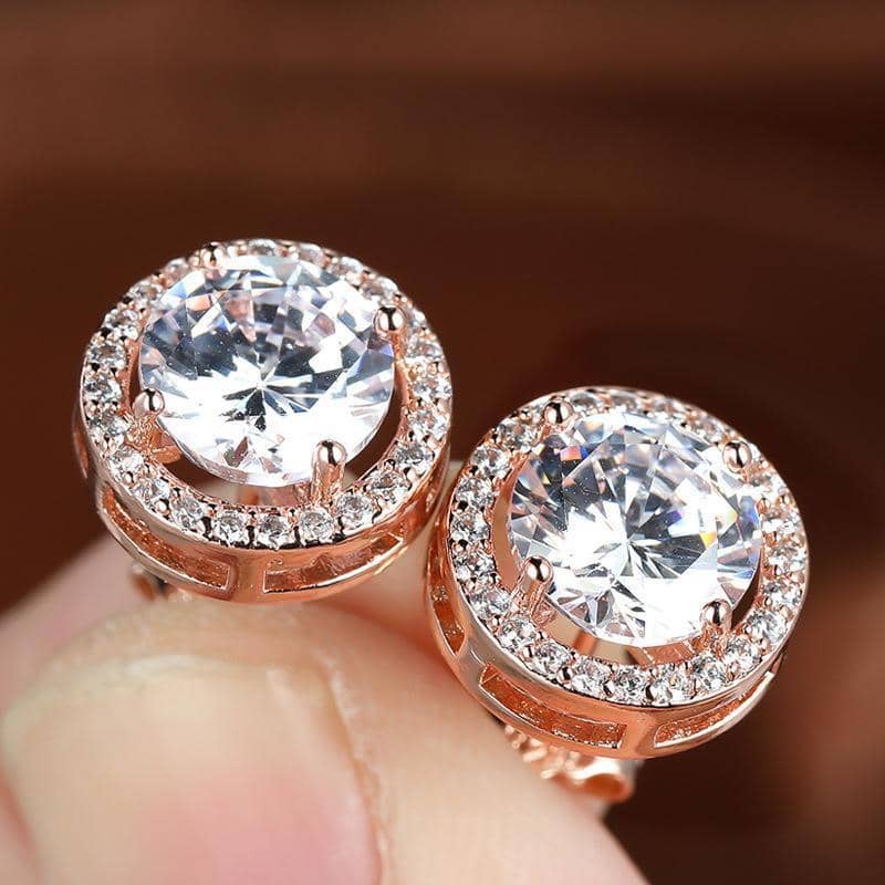 Round Halo Stud Earrings, Rose Gold Plated - Multicolour Rainbow Centre Stone - view 5