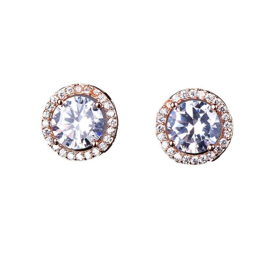 Round Halo Stud Earrings, Rose Gold Plated - White Centre Stone