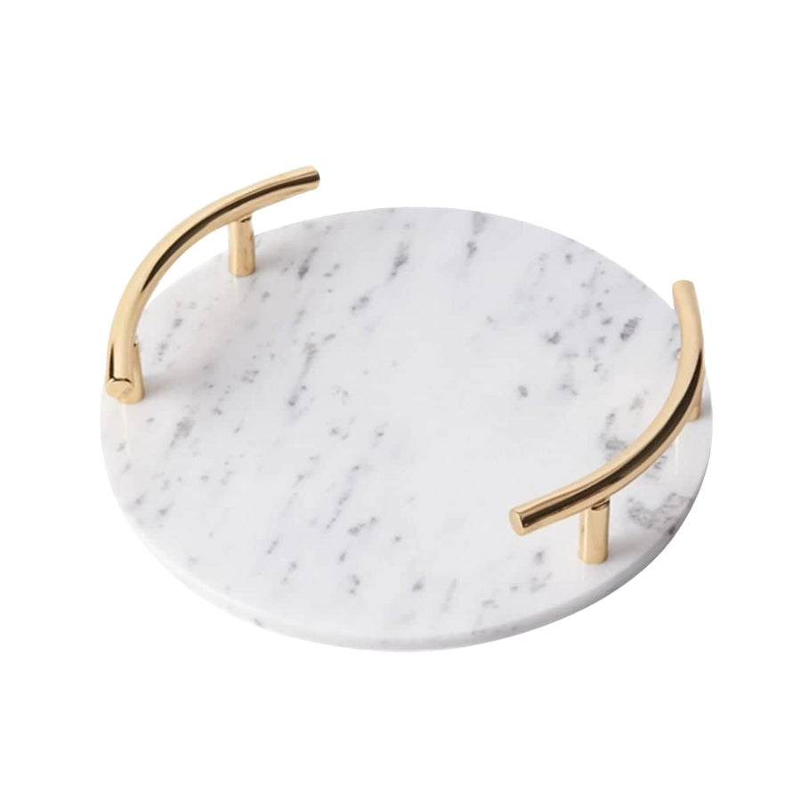 Round Marble Desktop Tray with Gold Handles for Fruit and Decor - White