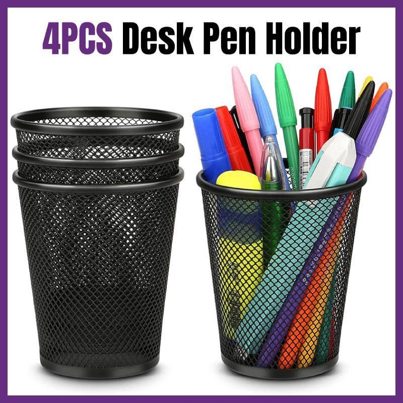 Round Mesh Metal Desk Pen Holder, Set of 4 Desktop Organiser