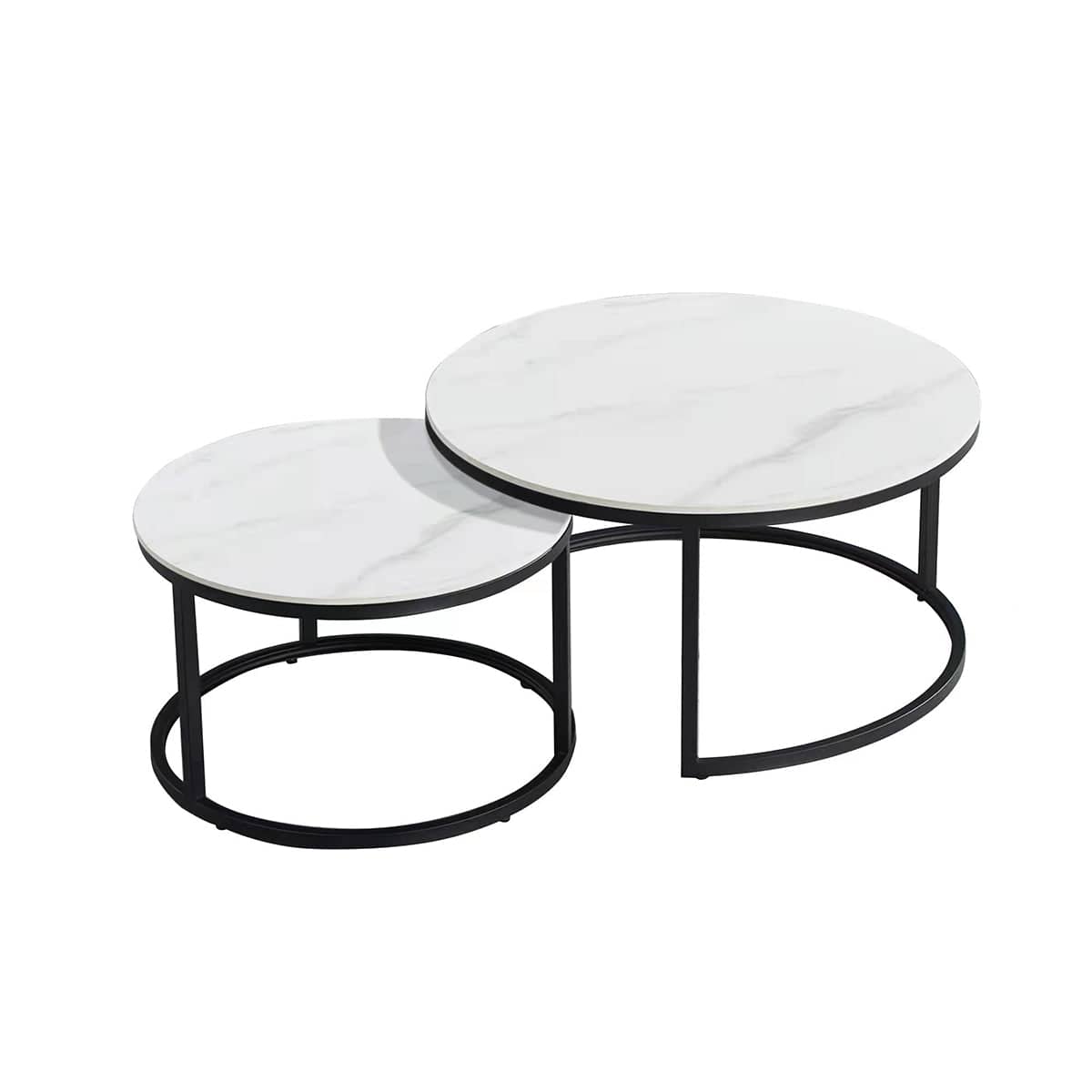 Round Nesting Coffee Table Set with Marble-Look Top - Black Frame
