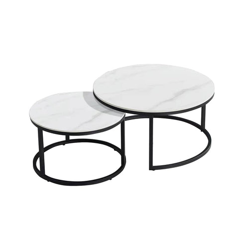 Round Nesting Coffee Table Set with Marble-Look Top - Black Frame