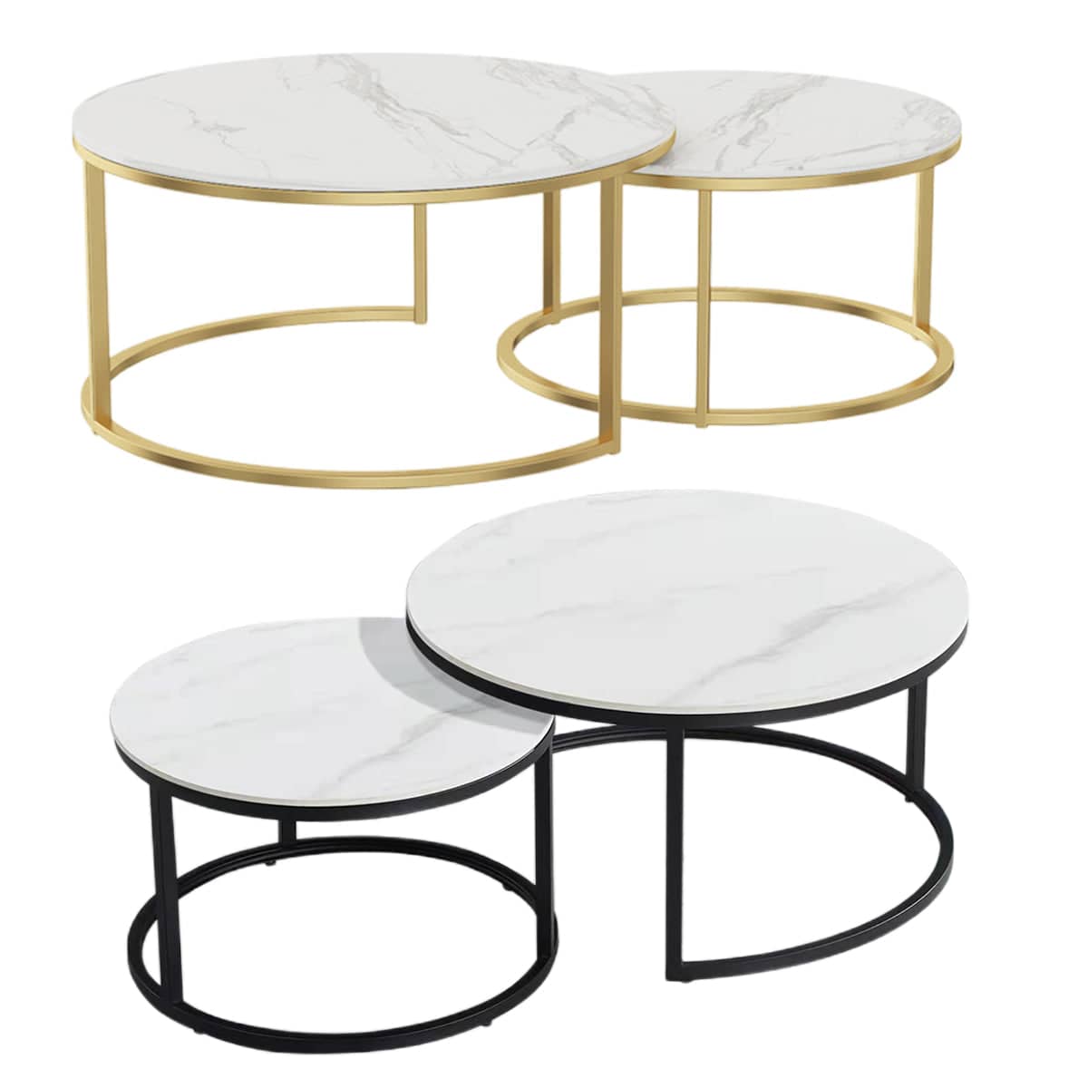 Round Nesting Coffee Table Set with Marble-Look Top - Black Frame - view 3