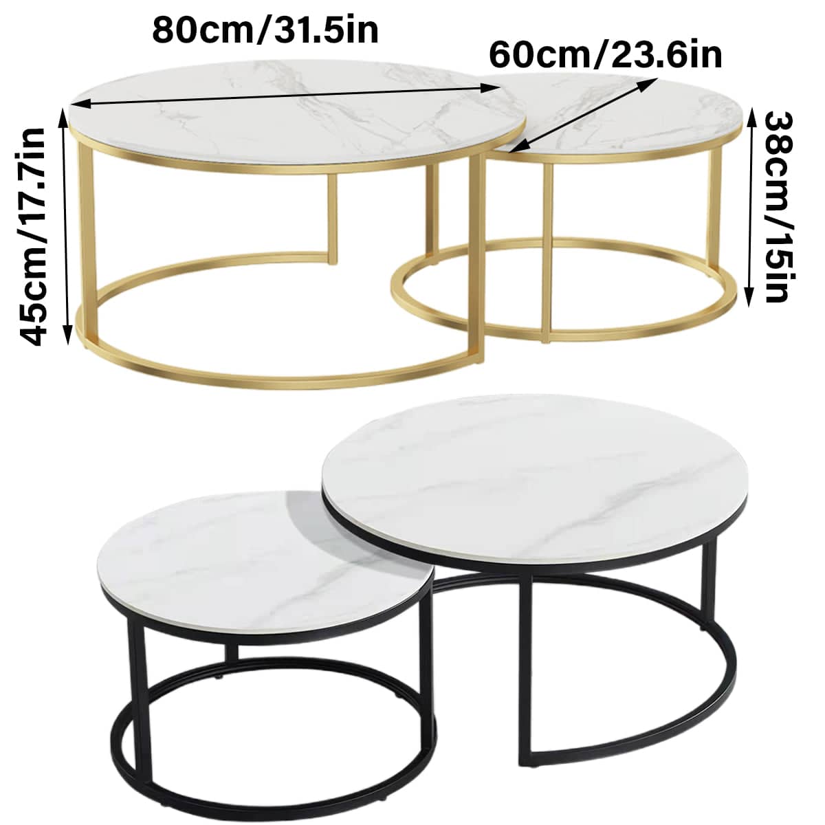 Round Nesting Coffee Table Set with Marble-Look Top - Black Frame - view 4