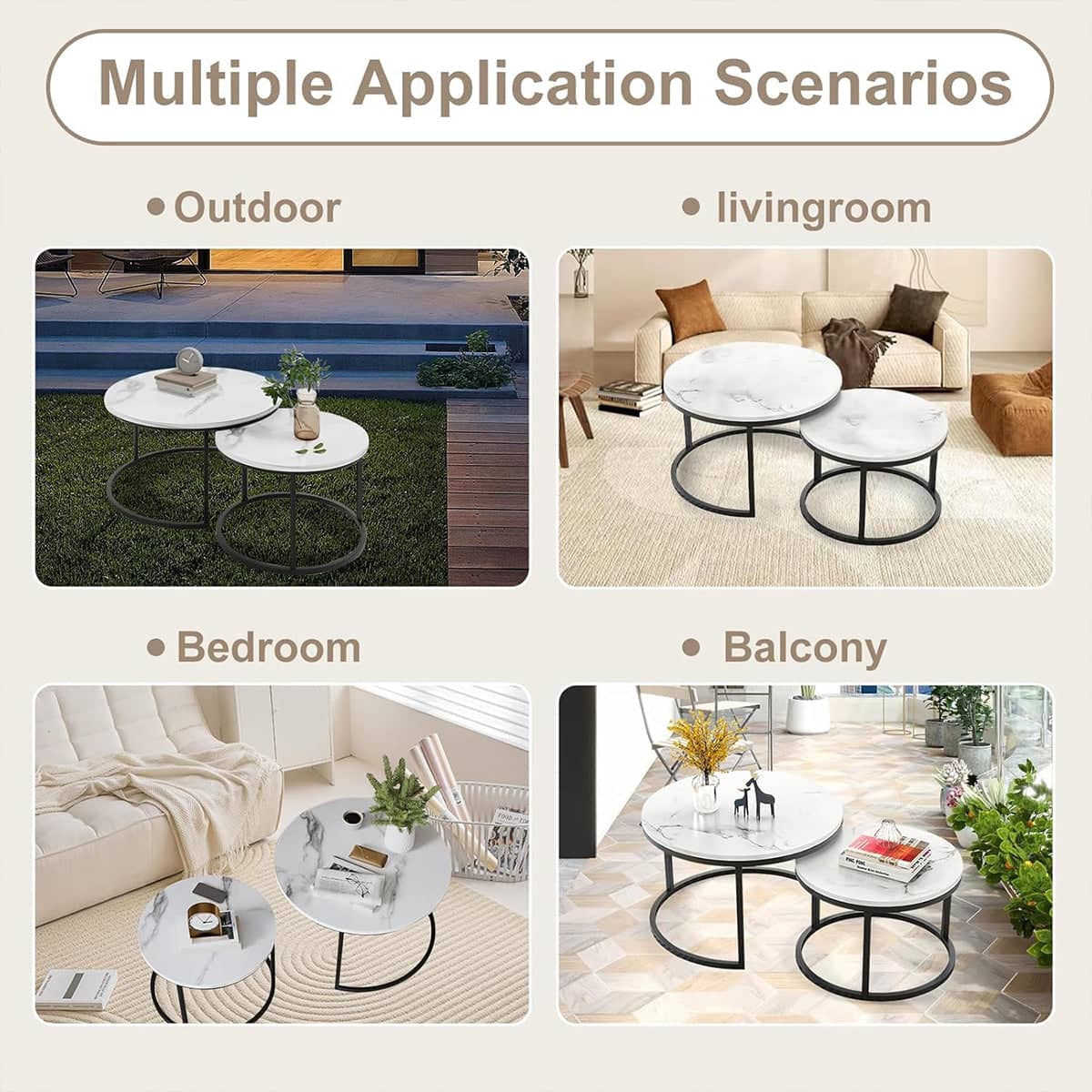 Round Nesting Coffee Table Set with Marble-Look Top - Black Frame - view 5