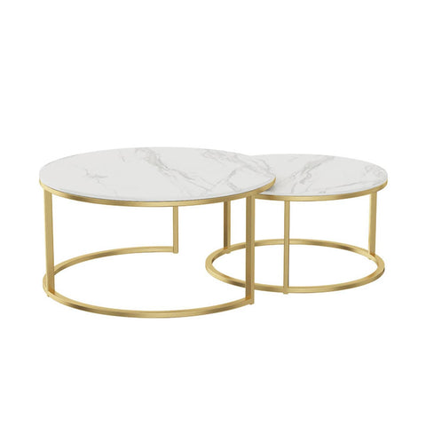 Round Nesting Coffee Table Set with Marble-Look Top - Gold Frame