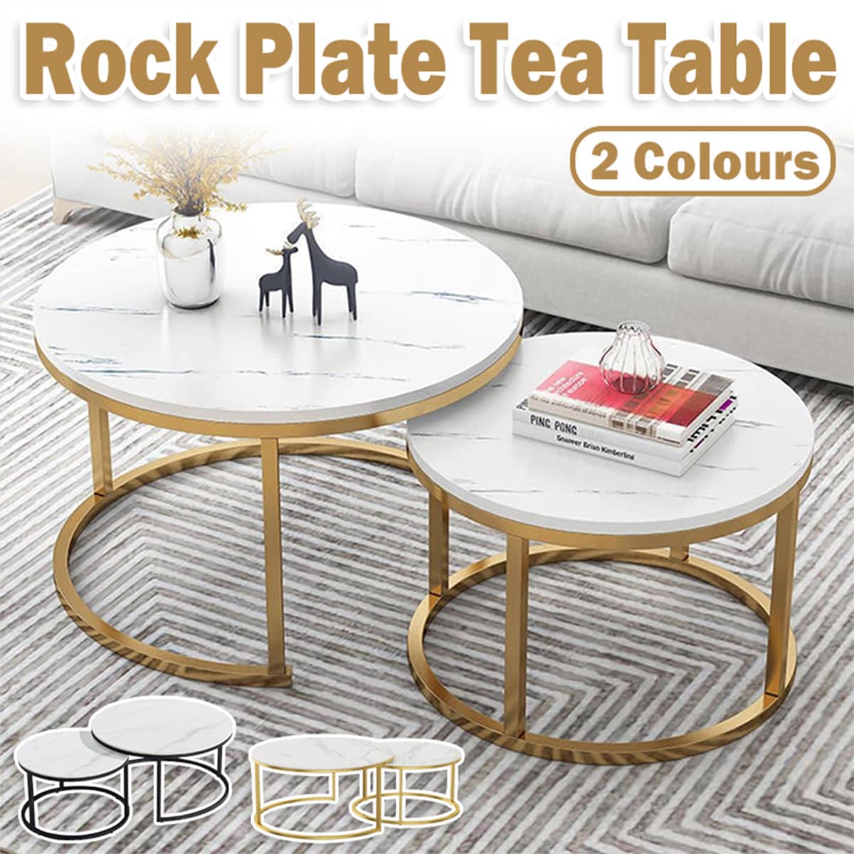 Round Nesting Coffee Table Set with Marble-Look Top - Gold Frame - view 2
